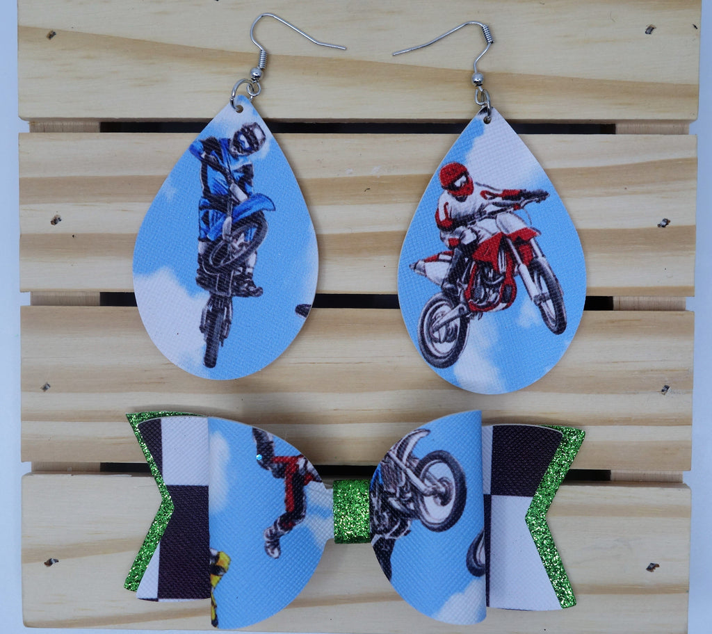 Motocross Themed Earrings & Bow