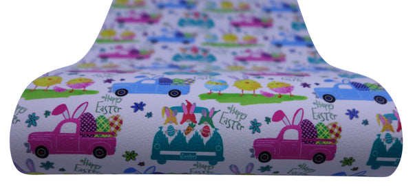 "Happy Easter Trucks" Textured Faux Leather Sheet