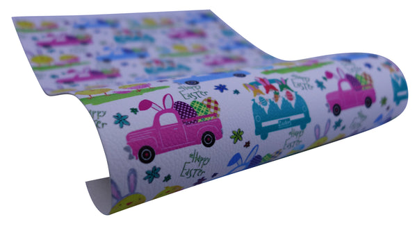 "Happy Easter Trucks" Textured Faux Leather Sheet