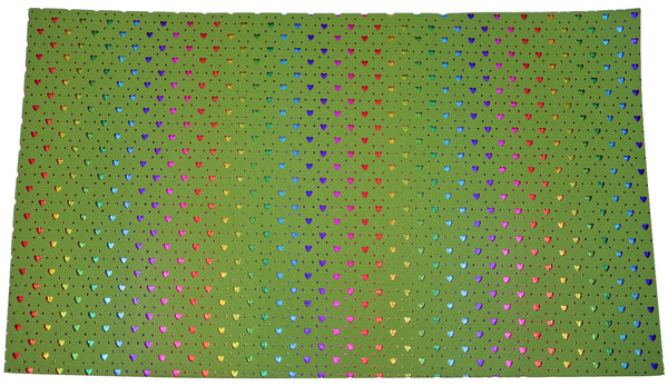 "Green Hearts" Punched Faux Leather Over Rainbow Foil Specialty Sheet