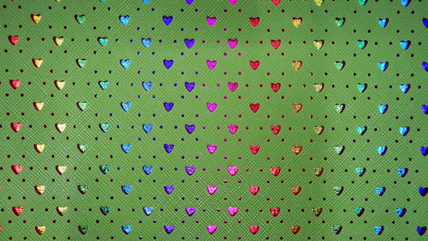 "Green Hearts" Punched Faux Leather Over Rainbow Foil Specialty Sheet