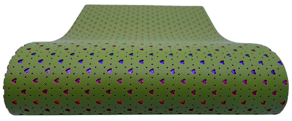 "Green Hearts" Punched Faux Leather Over Rainbow Foil Specialty Sheet