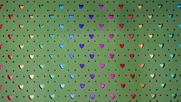 "Green Hearts" Punched Faux Leather Over Rainbow Foil Specialty Sheet