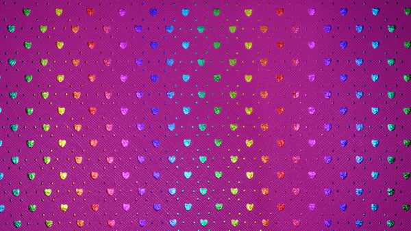 "Hot Pink Hearts" Punched Faux Leather Over Rainbow Foil Specialty Sheet