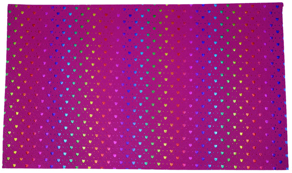 "Hot Pink Hearts" Punched Faux Leather Over Rainbow Foil Specialty Sheet