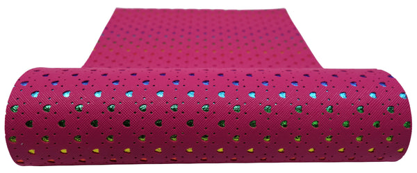 "Hot Pink Hearts" Punched Faux Leather Over Rainbow Foil Specialty Sheet