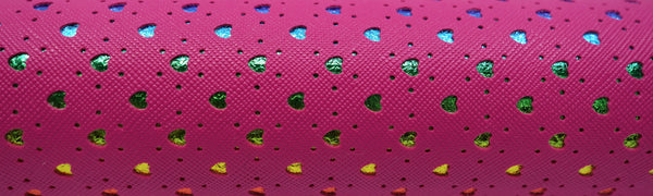 "Hot Pink Hearts" Punched Faux Leather Over Rainbow Foil Specialty Sheet