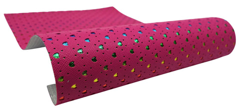 "Hot Pink Hearts" Punched Faux Leather Over Rainbow Foil Specialty Sheet