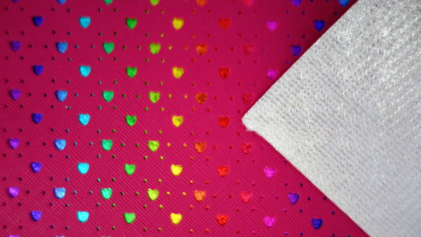 "Hot Pink Hearts" Punched Faux Leather Over Rainbow Foil Specialty Sheet