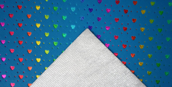 "Light Blue Hearts" Punched Faux Leather Over Rainbow Foil Specialty Sheet