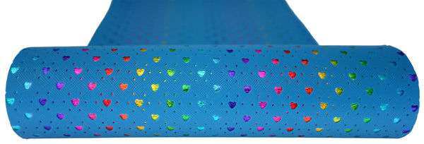 "Light Blue Hearts" Punched Faux Leather Over Rainbow Foil Specialty Sheet