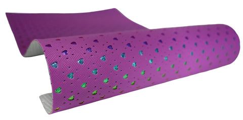 "Purple Hearts" Punched Faux Leather Over Rainbow Foil Specialty Sheet