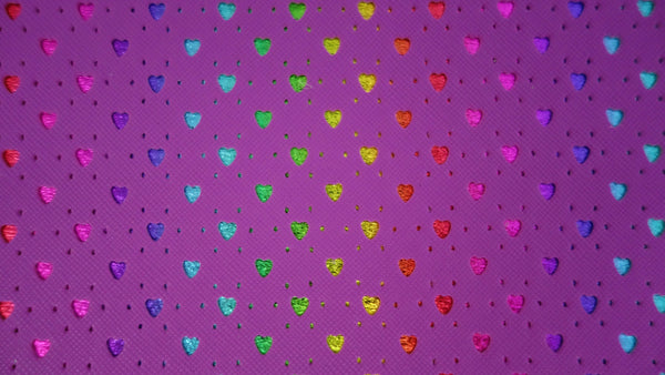 "Purple Hearts" Punched Faux Leather Over Rainbow Foil Specialty Sheet