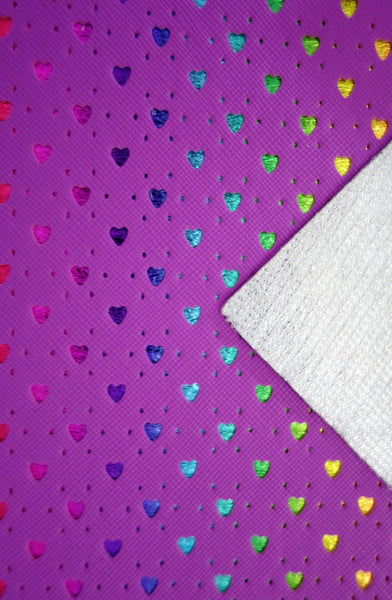 "Purple Hearts" Punched Faux Leather Over Rainbow Foil Specialty Sheet