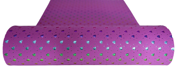 "Purple Hearts" Punched Faux Leather Over Rainbow Foil Specialty Sheet